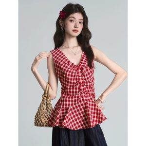 Red plaid sleeveless shirt vest for women