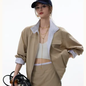 Retro sporty color-block set in long-staple cotton: jacket and skirt-pants (navy-blue sailing-inspired style).